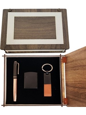 Store Mania Ieg™ Özel Ahşap Kutulu Bakır Roller Kalem Anahtarlık ve Çakmak Set