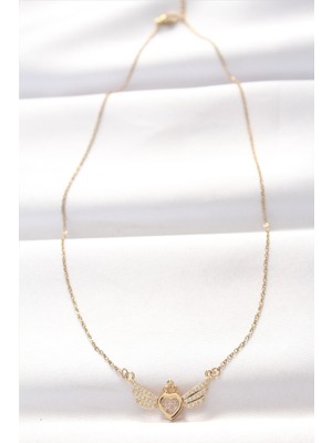 Store Mania Ieg™ 316L Çelik Gold Renk Zirkon Taşlı Kalpli Kanat Kolye