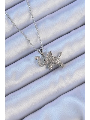 Store Mania Ieg™ 316L Çelik Zincir Gümüş Renk Zirkon Taşlı Fil Kolye