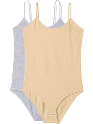 Store Mania Ieg™ 2 Adet Ip Askılı Kadın Çıtçıtlı Body Gri ve Ten