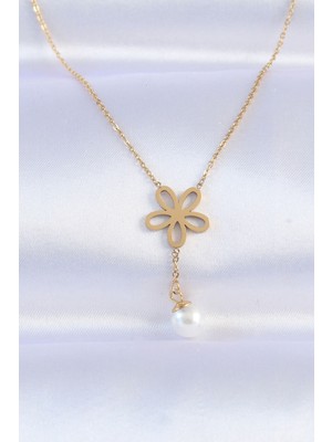 Store Mania Ieg™ 316L Çelik Zincir Gold Renk Inci Detay Çiçek Kolye