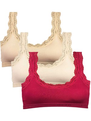 Store Mania Ieg™ 3 Adet Dantel Nakış Işlemeli Pedli Bambu Kadın Büstiyer Ten Krem Bordo