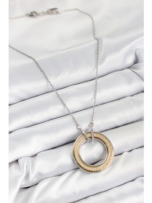 Store Mania Ieg™ 316L Çelik Zirkon Taşlı Dönen Daire Model Gold ve Gümüş Renk Kadın Kolye