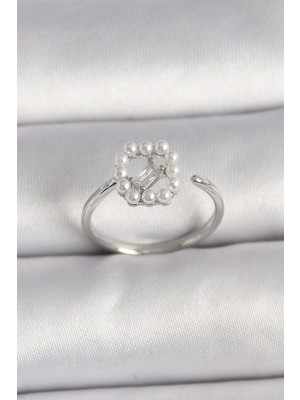 Store Mania Ieg™ Pirinç Gümüş Renk Zirkon Taş Detaylı Incili Ayarlanabilir Yüzük