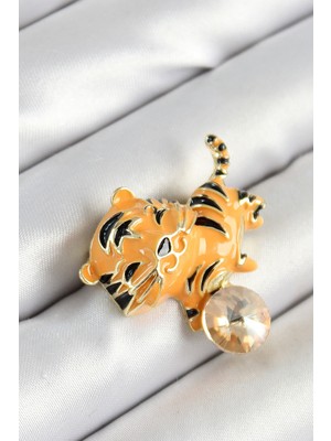 Store Mania Ieg™ Zirkon Taşlı Siyah Çizgili Turuncu Kaplan Figürlü Gold Renk Kadın Broş