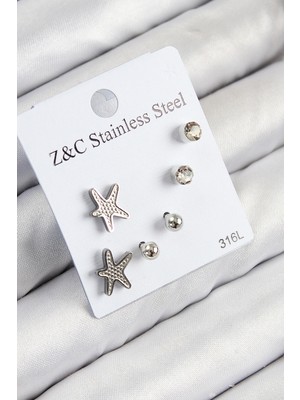 Store Mania Ieg™ 316L Çelik Zirkon Taşlı Deniz Yıldızı Model Gümüş Renk Kadın Set Küpe