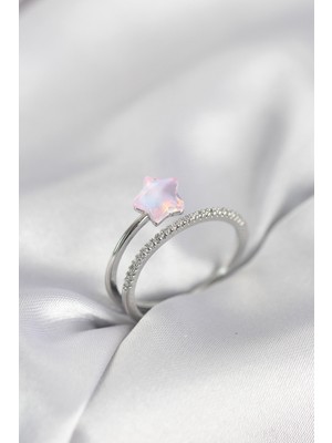 Store Mania Ieg™ Gümüş Renk Zirkon Taşlı Pembe Halley Model Kadın Yüzük