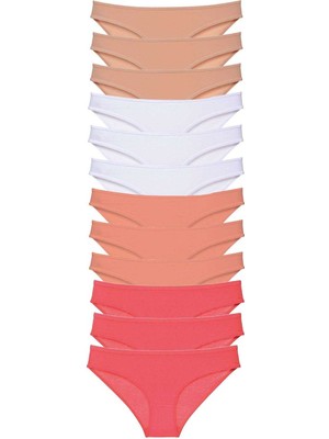 Store Mania Ieg™ 12 Adet Süper Eko Set Likralı Kadın Slip Külot Ten Beyaz Pudra Fuşya