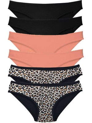 Store Mania Ieg™ 6 Adet Likralı Kadın Slip Külot Leopar Siyah Pudra