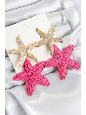 Store Mania Ieg™ Pirinç Sallantılı Pembe Deniz Yıldızı Model Gold Renk Hasır Küpe