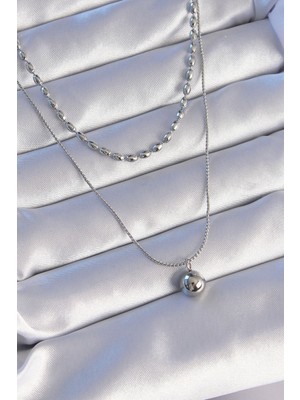 Store Mania Ieg™ 316L Çelik Çift Zincirli Gümüş Renk Topçuk Model Kolye