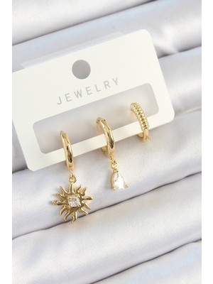 Store Mania Ieg™ Pirinç Zirkon Taşlı Güneş Model Gold Renk 3'lü Çift Kadın Küpe Set