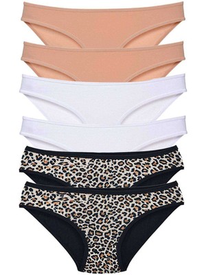 Store Mania Ieg™ 6 Adet Likralı Kadın Slip Külot Leopar Ten Beyaz