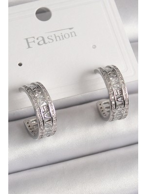 Store Mania Ieg™ Pirinç Gümüş Renk Zirkon Taşlı Işleme Detay Halka Model Kadın Küpe