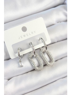 Store Mania Ieg™ Pirinç Zirkon Taşlı Dikdörtgen Model Gümüş Renk 3'lü Çift Kadın Küpe Set