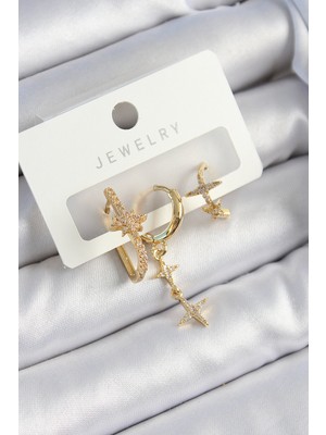 Store Mania Ieg™ Pirinç Zirkon Taşlı Yıldız Model Gold Renk 3'lü Çift Kadın Küpe Set