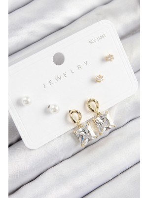 Store Mania Ieg™ Pirinç Zirkon Taşlı Sallantılı Kare Model Gold Renk 925 Ayar Gümüş Çivi Kadın Küpe