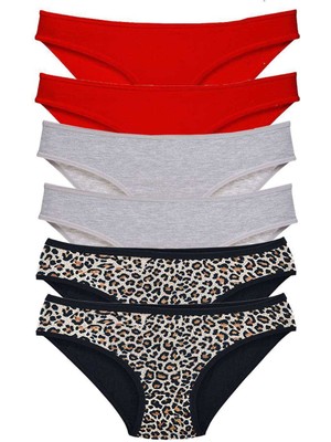 Store Mania Ieg™ 6 Adet Likralı Kadın Slip Külot Leopar Kırmızı Gri