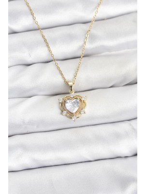 Store Mania Ieg™ 316L Çelik Zincir Gold Renk Kalp Model Zirkon Taşlı Kadın Kolye
