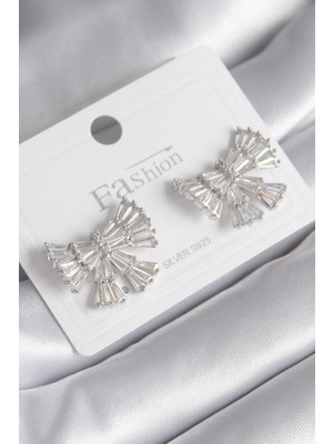 Store Mania Ieg™ Pirinç Gümüş Renk Zirkon Taşlı Kurdele Model Kadın Küp