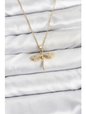 Store Mania Ieg™ 316L Çelik Zincir Gold Renk Yusufçuk Model Zirkon Taşlı Kadın Kolye