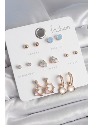 Store Mania Ieg™ Pirinç Gold Renk Zirkon Taşlı Sallantı Halka Figür Kalp Detay 7 Çift Kadın Küpe