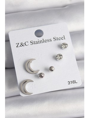Store Mania Ieg™ 316L Çelik Gümüş Renk Zirkon Taşlı Hilal Model Kadın Küpe Seti