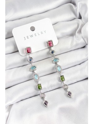 Store Mania Ieg™ Pirinç Renkli Zirkon Taşlı Sallantılı Model Gümüş Renk Kadın Küpe