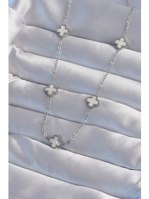Store Mania Ieg™ 316L Çelik Gümüş Renk Minimal Beyaz Sedefli Yonca Kolye