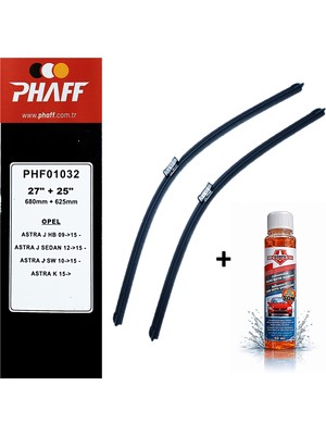 Phaff Opel Astra J (2009-2015) Ön Silecekleri (680MM+625MM) ve Börfh 32 ml Konsantre Cam Suyu Şampuanı Seti