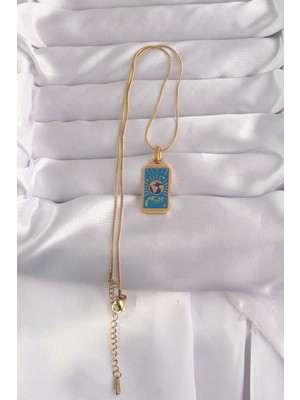 Store Mania Ieg™ 316L Çelik Gold Renk Mavi Mineli El Figür Tarot Kolye