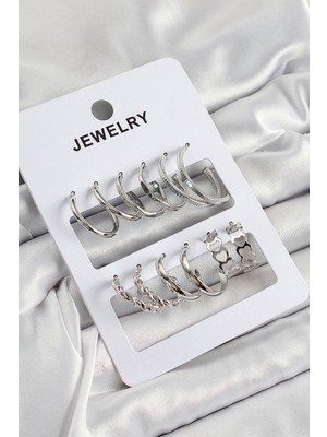 Store Mania Ieg™ Pirinç Karışık Halka Model Gümüş Renk 6 Çift Kadın Küpe Set