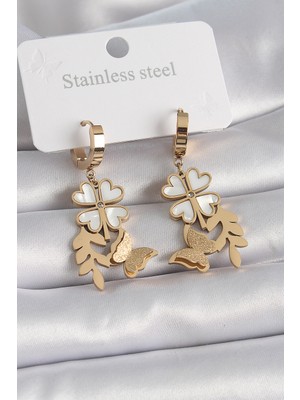 Store Mania Ieg™ 316L Çelik Gold Renk Beyaz Sedefli Yonca Simli Kelebek Figür Kadın Küpe