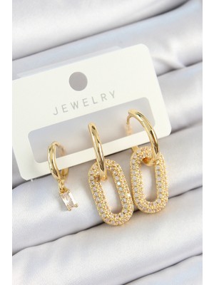 Store Mania Ieg™ Pirinç Zirkon Taşlı Dikdörtgen Model Gold Renk 3'lü Çift Kadın Küpe Set