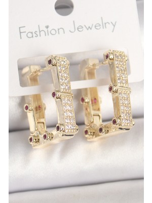 Store Mania Ieg™ Pirinç Gold Renk Kare Zirkon Taşlı Kadın Küpe