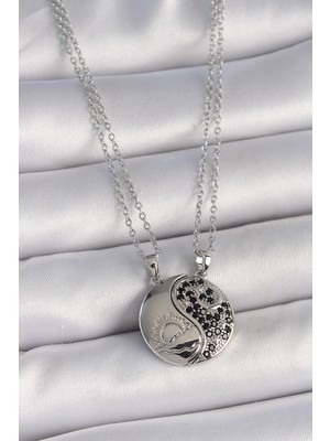 Store Mania Ieg™ 316L Çelik Gümüş Renk Zincir Zirkon Taşlı Ying Yang Model Gün Batımı Işlemeli Arak