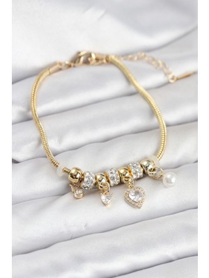 Store Mania Ieg™ Pirinç Gold Renk Kalp Charmlı Kadın Bileklik