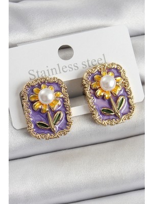 Store Mania Ieg™ Pirinç Mor Mineli Papatya Figürlü Sanatsal Portre Model Gold Renk Kadın Küpe