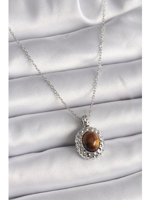 Store Mania Ieg™ 316L Çelik Gümüş Renk Zincir Kehribar Boncuk Model Kadın Kolye