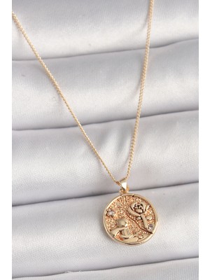 Store Mania Ieg™ Pirinç Gold Renk Zirkon Taş Detaylı Gül Işleme Madalyon Model Kadın Kolye