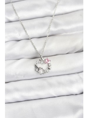 Store Mania Ieg™ 316L Çelik Zincir Gümüş Renk Pembe Taş Detaylı Çelenk Model Kadın Kolye