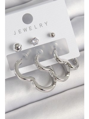 Store Mania Ieg™ Pirinç Gümüş Renk Kalp Model Zirkon Taş Topçuk Detay Kadın Küpe Seti