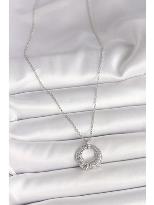 Store Mania Ieg™ 316L Çelik Gümüş Renk Zincir Zirkon Taş Işlemeli Daire Model Kadın Kolye