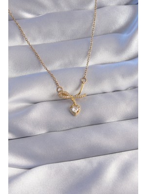 Store Mania Ieg™ 316L Çelik Zincir Gold Renk Zirkon Taşlı Yarım Fiyonk Kalp Kolye