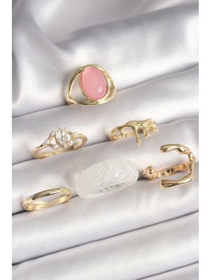 Store Mania Ieg™ Pirinç Gold Renk Zirkon Taş Detaylı Pembe Mineli 6'lı Kadın Yüzük Seti