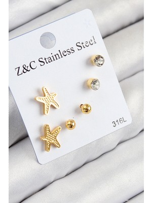 Store Mania Ieg™ 316L Çelik Zirkon Taşlı Deniz Yıldızı Model Gümüş Renk Kadın Set Küpe