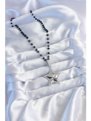 Store Mania Ieg™ Gümüş Renk Siyah Boncuk Zirkon Taşlı Pirinç Yıldız Model Vip Seri Kadın Kolye