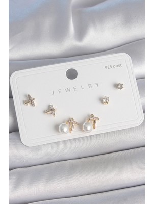 Store Mania Ieg™ Pirinç Gold Renk Zirkon Taşlı Kelebek Model Inci Detay 925 Ayar Gümüş Çivi Kadın Kü