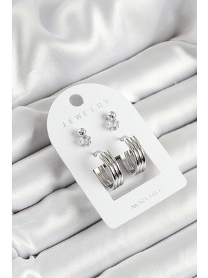 Store Mania Ieg™ Pirinç Zirkon Taş ve Halka Figürlü Gümüş Renk 3'lü Çift Kadın Küpe Set