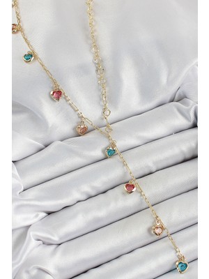 Store Mania Ieg™ Pirinç Asorti Kalp Model Gold Renk Zirkon Taşlı Y Kolye